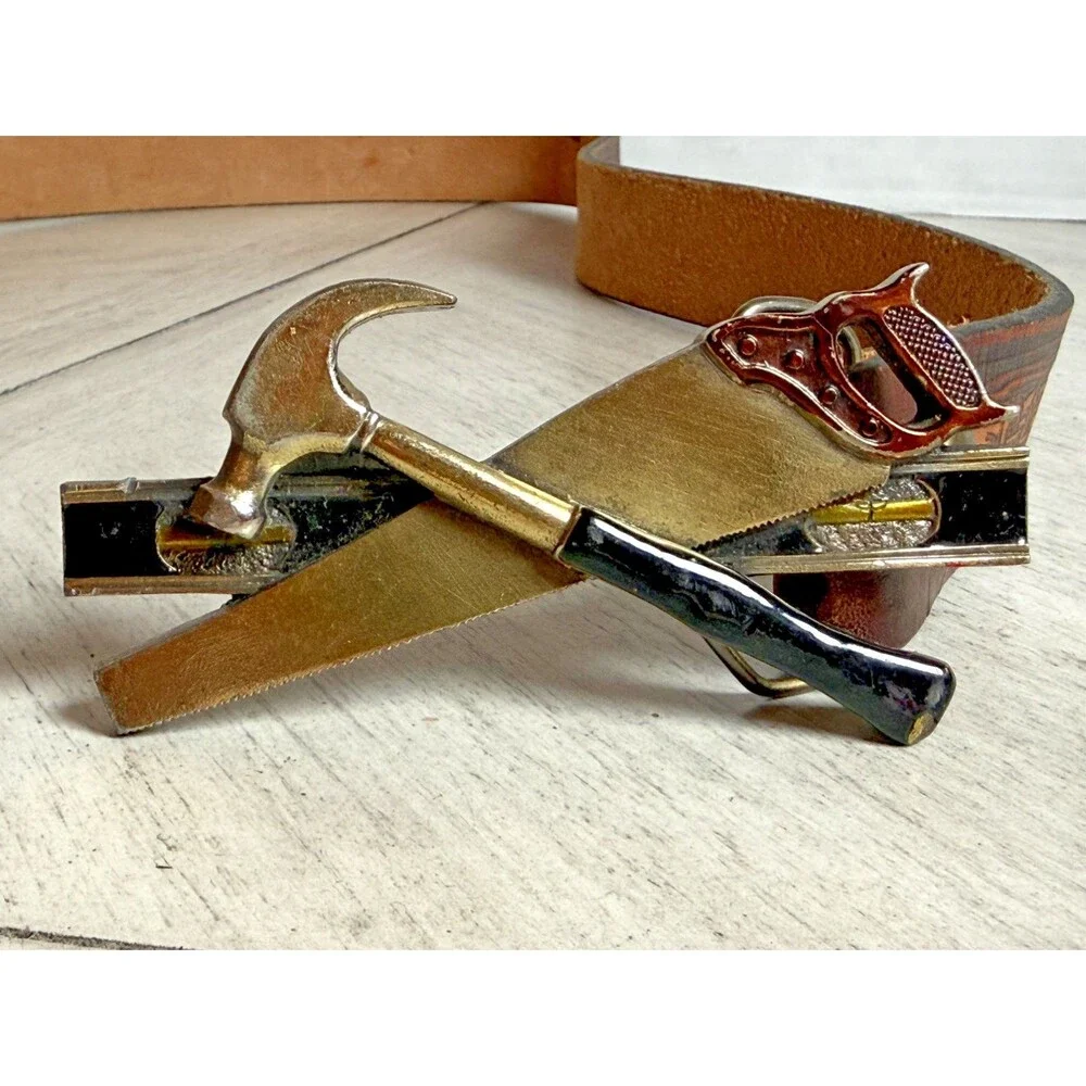 1981 Great American Buckle Co Carpenter Hammer Saw Level Belt Buckle 41” VTG